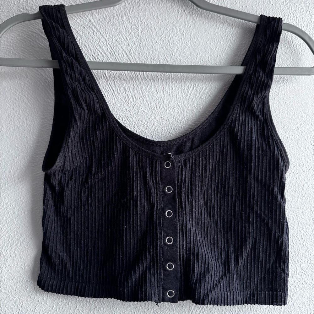 Black Ribbed Button-Down Crop Top
